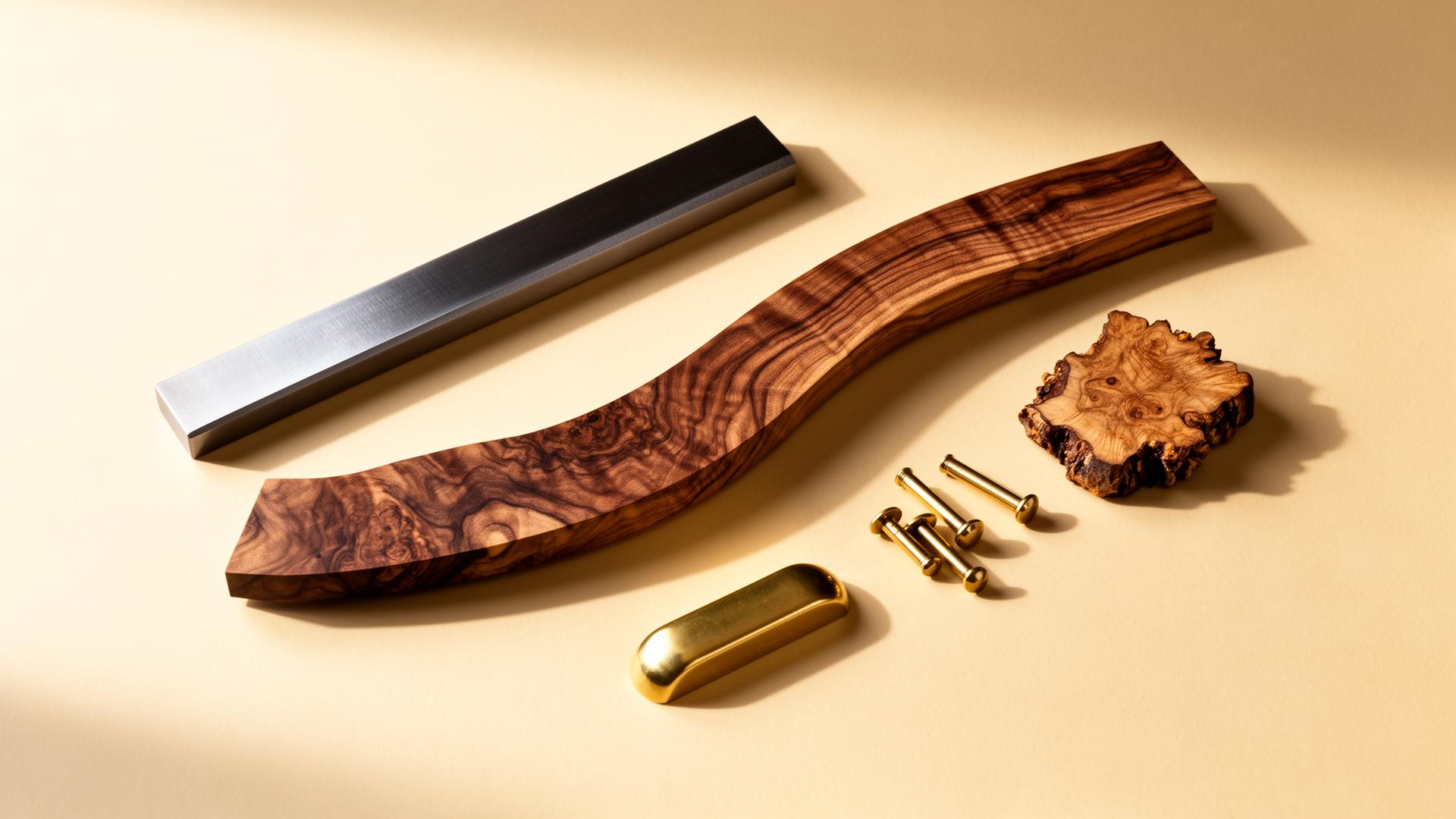 Stahl, Walnusswurzel, Olivenholz und Messingbeschläge